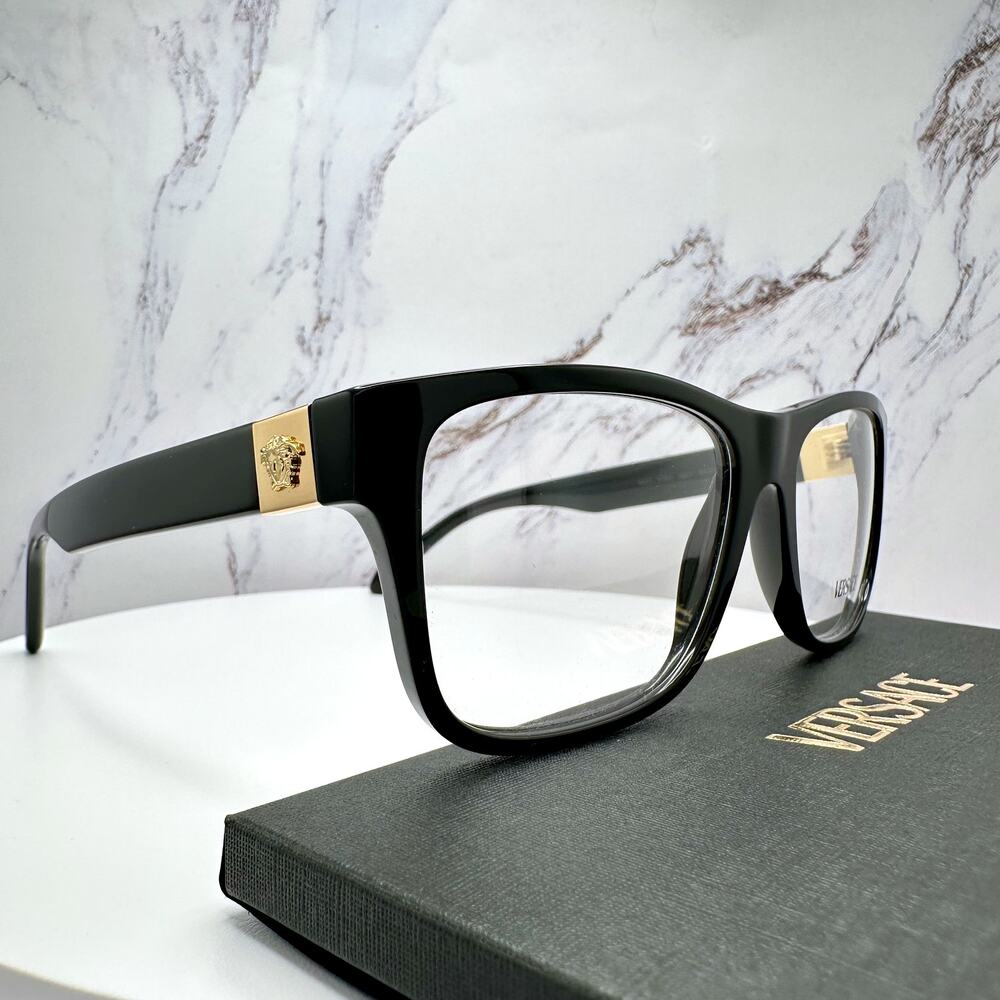New VERSACE Eyeglasses Black Square 56-17-145mm Gold Medusa Versace